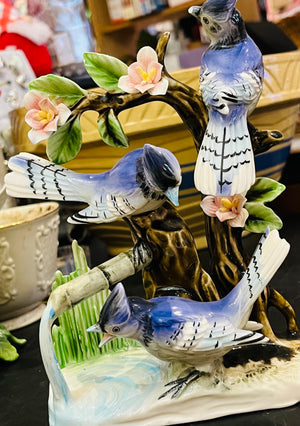 Japanese Blue Jays on Branches w Flowers 6.5”Hx5”W No Damage