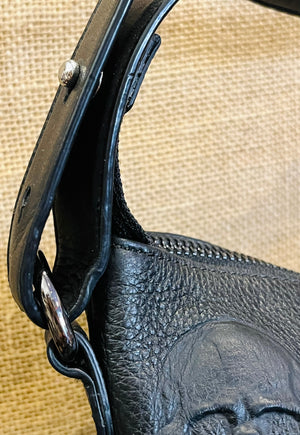 IO Pelle 14” Black Skulls Shoulder Zip Bag Italian Leather Exc Condition! used