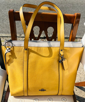 COACH Vtg Yellow w White Band 16” Large Zip Shoulder Bag Purse GR8 Used Condition!