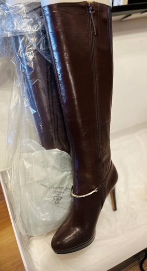 Nine West New in Box Pearson Heeled Tall Brown Leather Zip Boots w Silver Detail size 7M