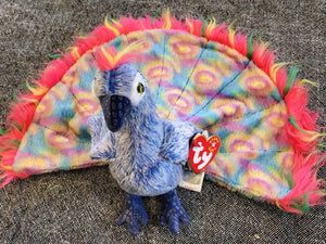 2000 FLASHY Ty Beanie Baby Blue PEACOCK Colorful Plume Stuffed DOB 12-30-00 USED