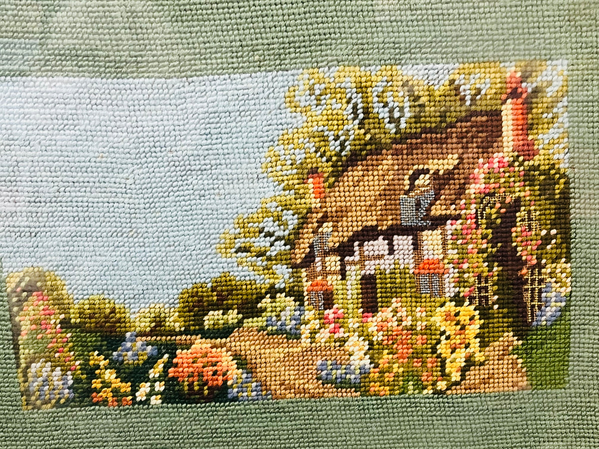 Needlepoint Cottage House in Wood Frame 15”x19”