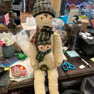Antique Stuffed Decorative Snowman and Baby w Bell USED