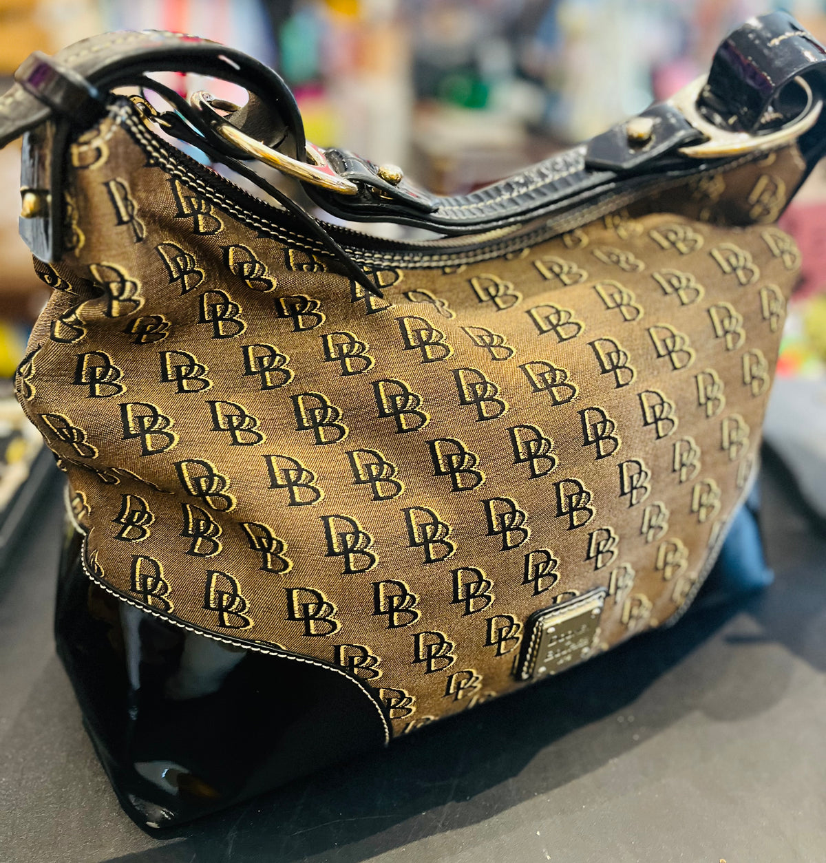 Authentic Dooney & Bourke Signature w Patent Detail Hobo Shoulder Bag - Brown