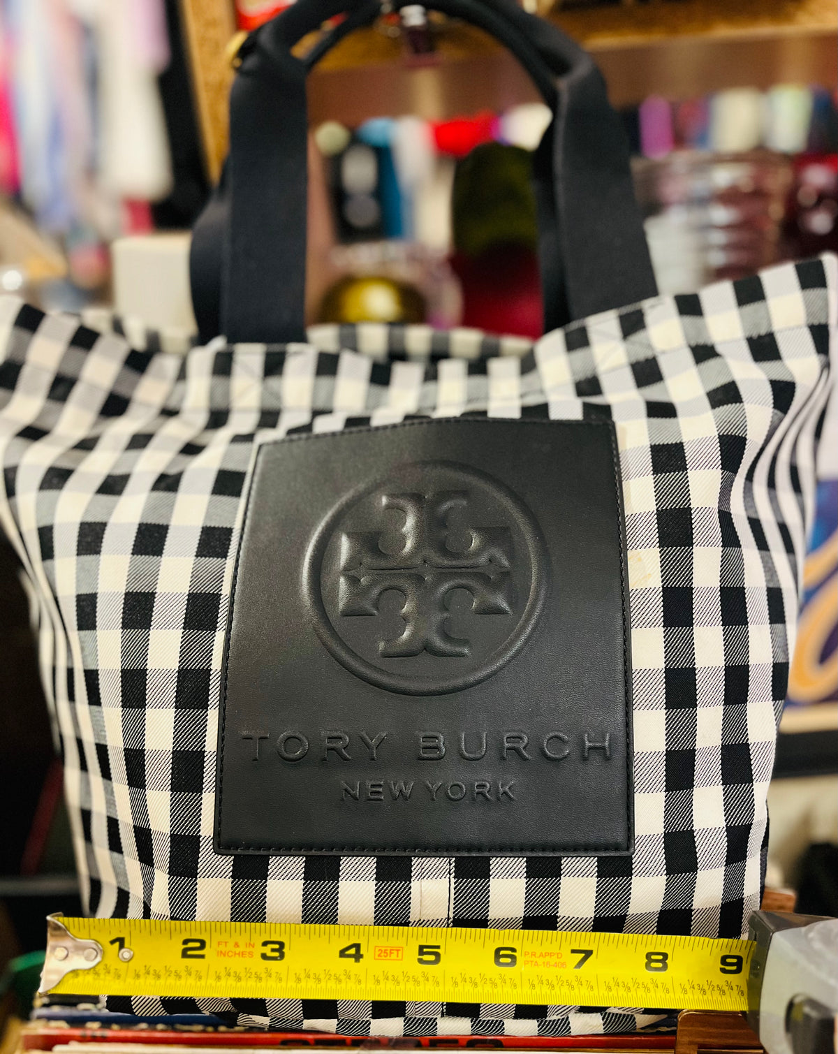 Tory Burch Black &amp; White Gingham Piper 12” Medium Tote BARELY Used!!