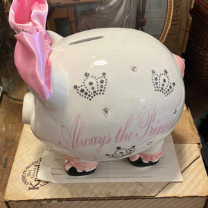 USED Always the Princess Ceramic Pink White Piggy Bank