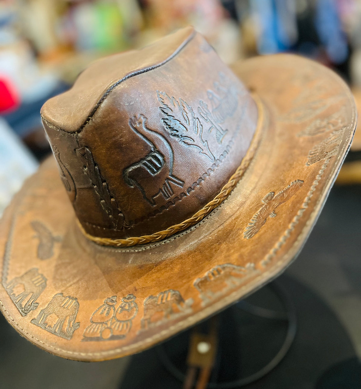 Leather Hand Tooled Native Design Cowboy/girl Hat