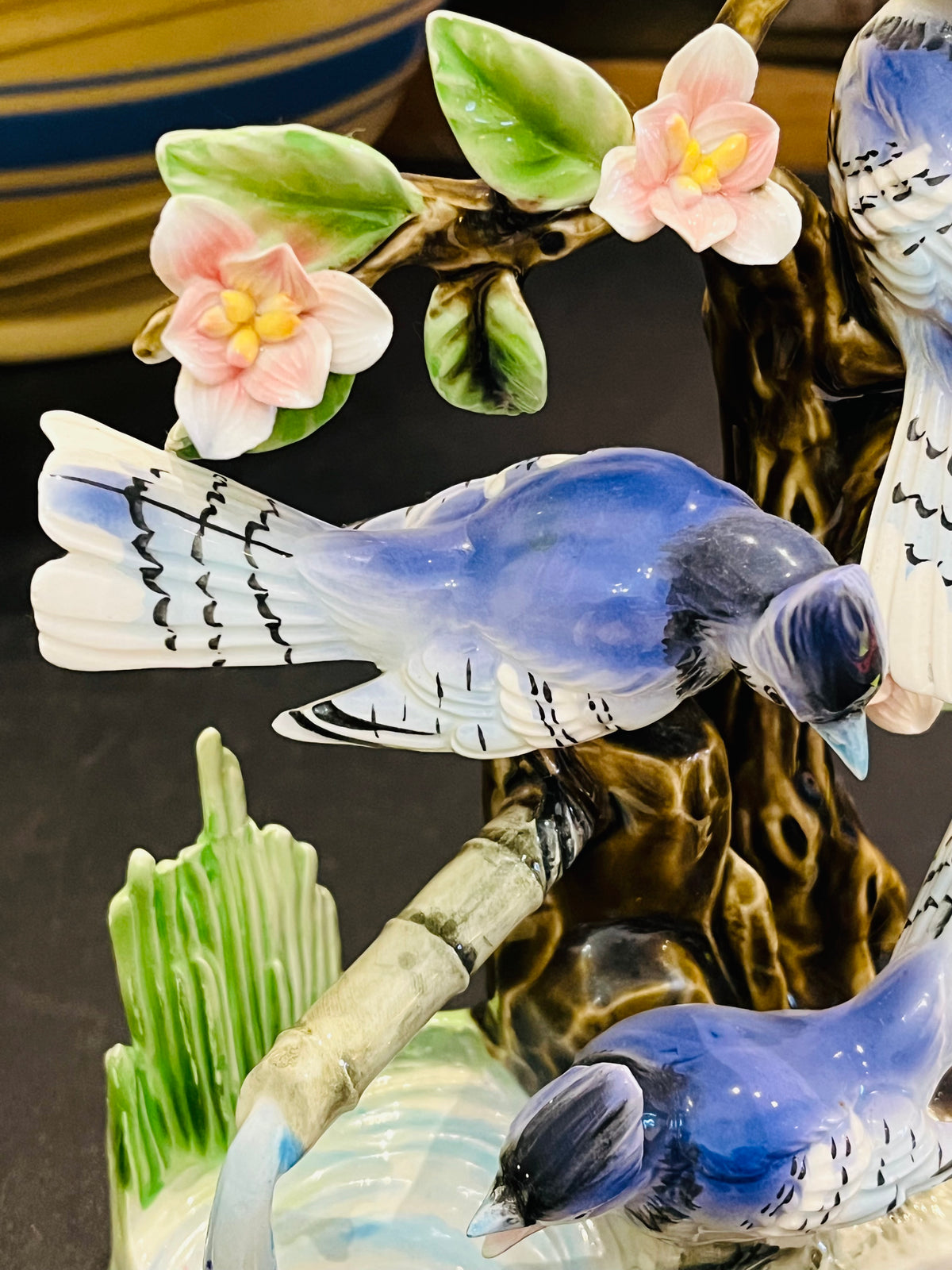 Japanese Blue Jays on Branches w Flowers 6.5”Hx5”W No Damage