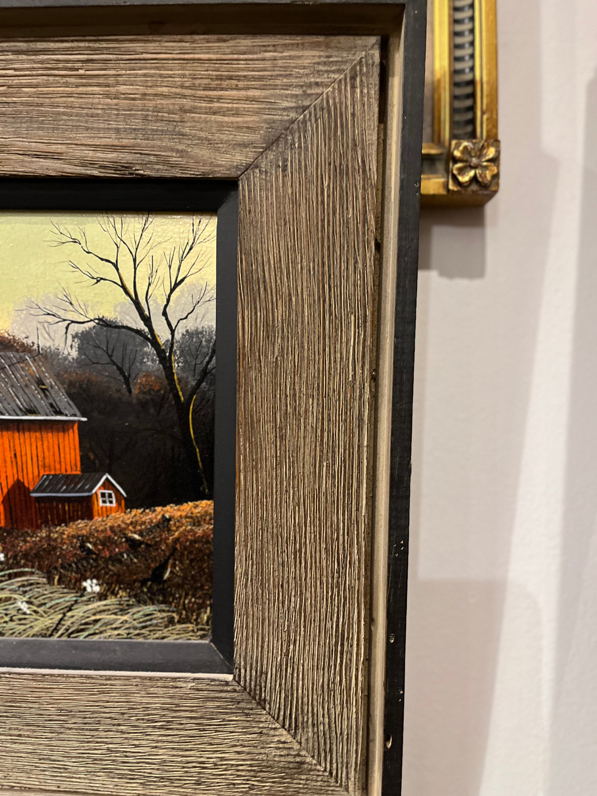 Barn in Autumn time Thomas Kerry Artist Oil Painting in Textured Wood w Inlay 14”x15”