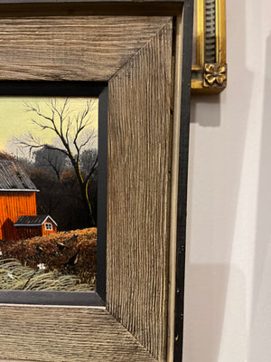 Barn in Autumn time Thomas Kerry Artist Oil Painting in Textured Wood w Inlay 14”x15”