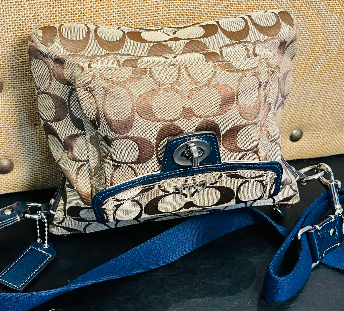 COACH Early 2000s Penelope Sig Small Turnlock Crossbody w Blue Patent Detail