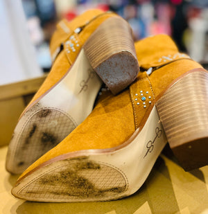 Jessica Simpson Koxia 2 Turquoise Stud Tan Western Pointed Toe Block Heel Boots sz 8M w Original Box