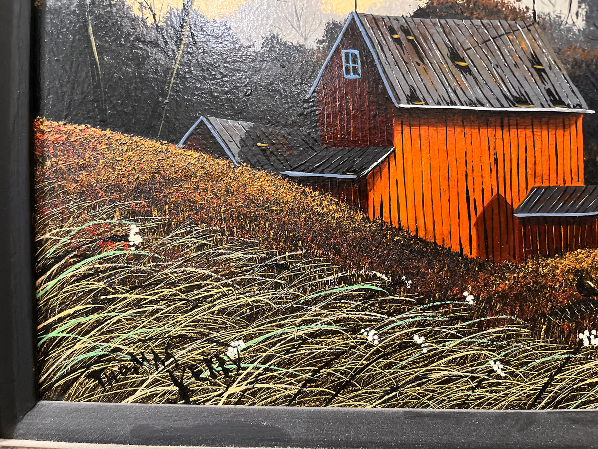 Barn in Autumn time Thomas Kerry Artist Oil Painting in Textured Wood w Inlay 14”x15”