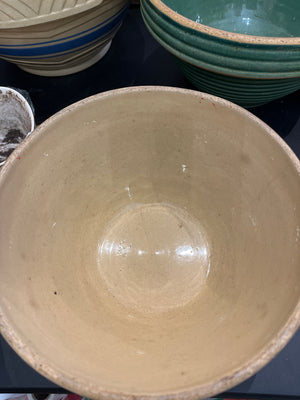 Yellow Ware 9” Pottery Mixing Bowl Six Blue Stripes Rings w Bottom Small Chip