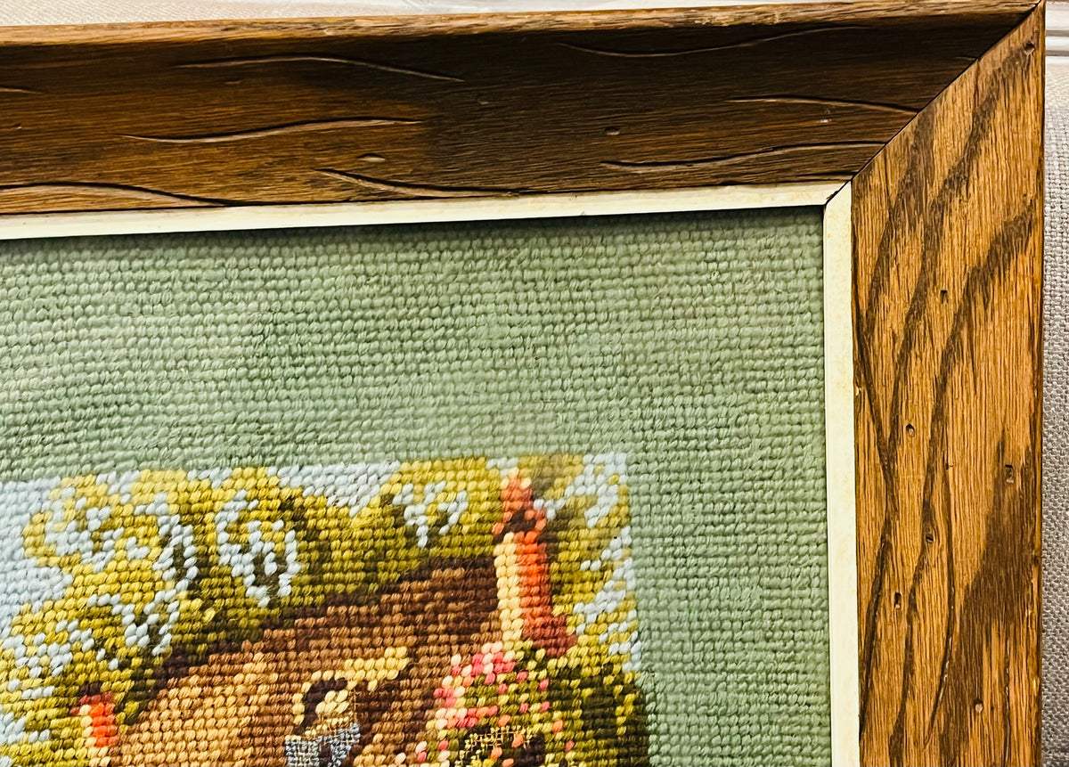 Needlepoint Cottage House in Wood Frame 15”x19”