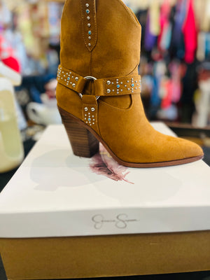 Jessica Simpson Koxia 2 Turquoise Stud Tan Western Pointed Toe Block Heel Boots sz 8M w Original Box