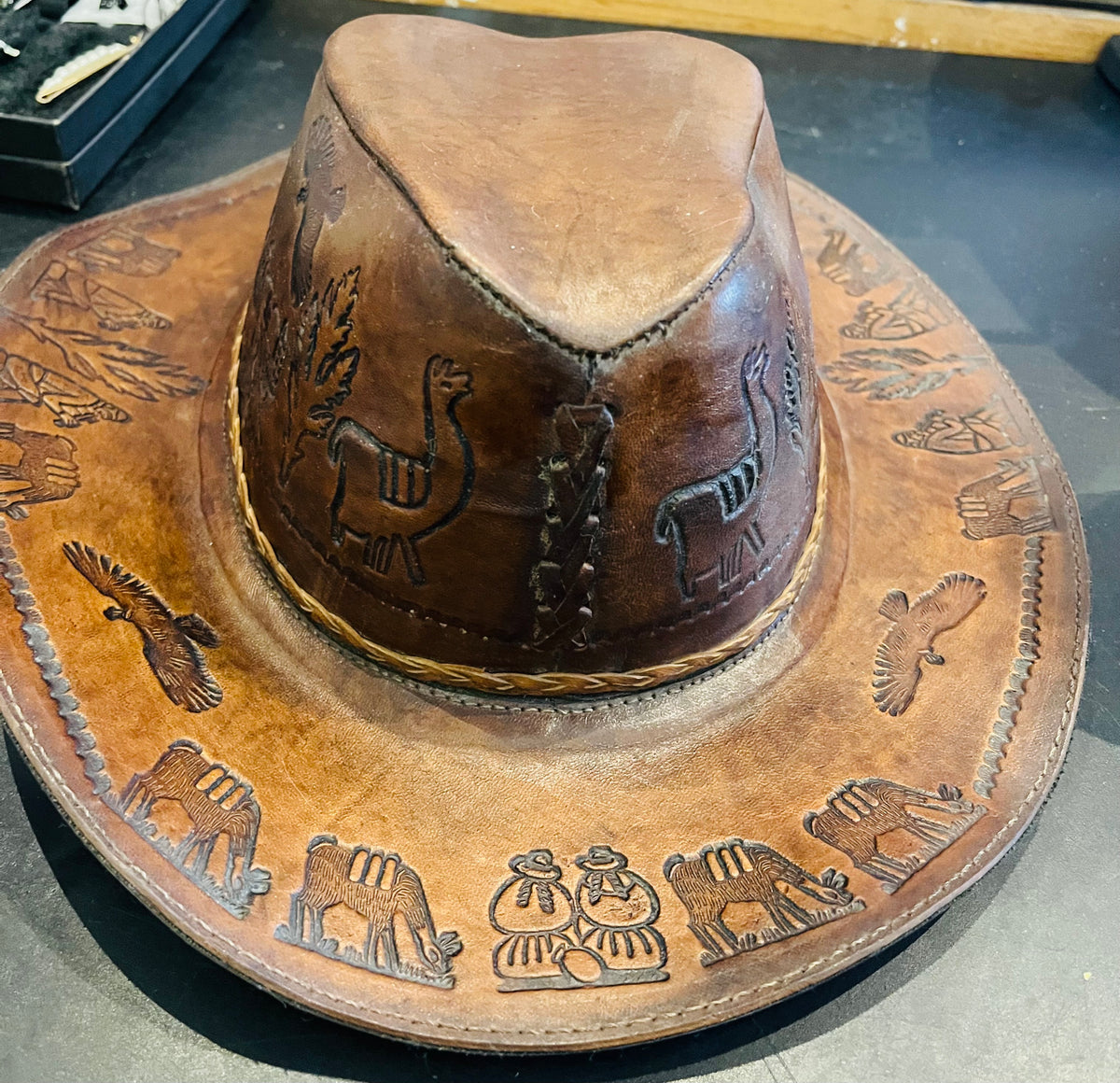 Leather Hand Tooled Native Design Cowboy/girl Hat