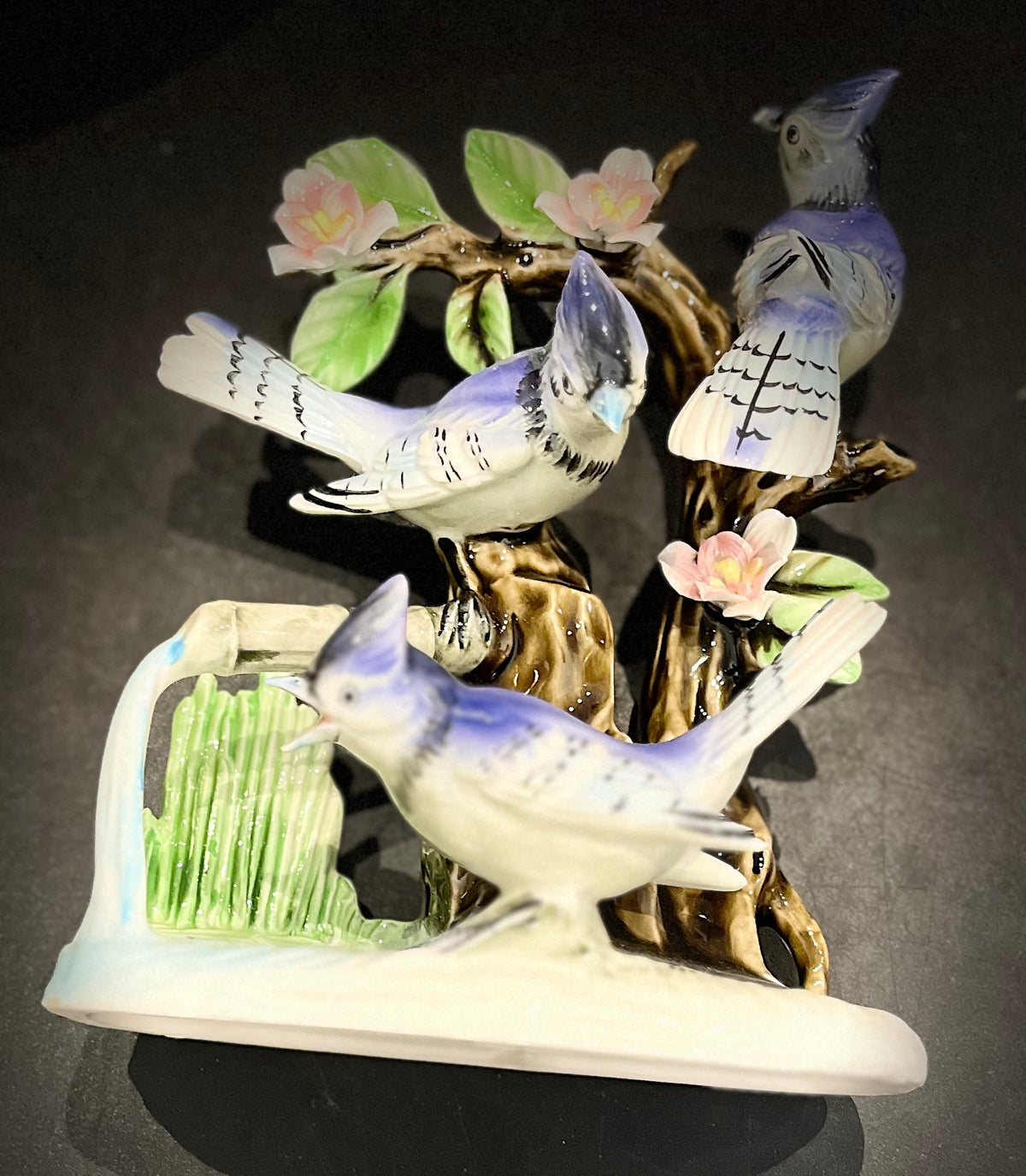 Japanese Blue Jays on Branches w Flowers 6.5”Hx5”W No Damage