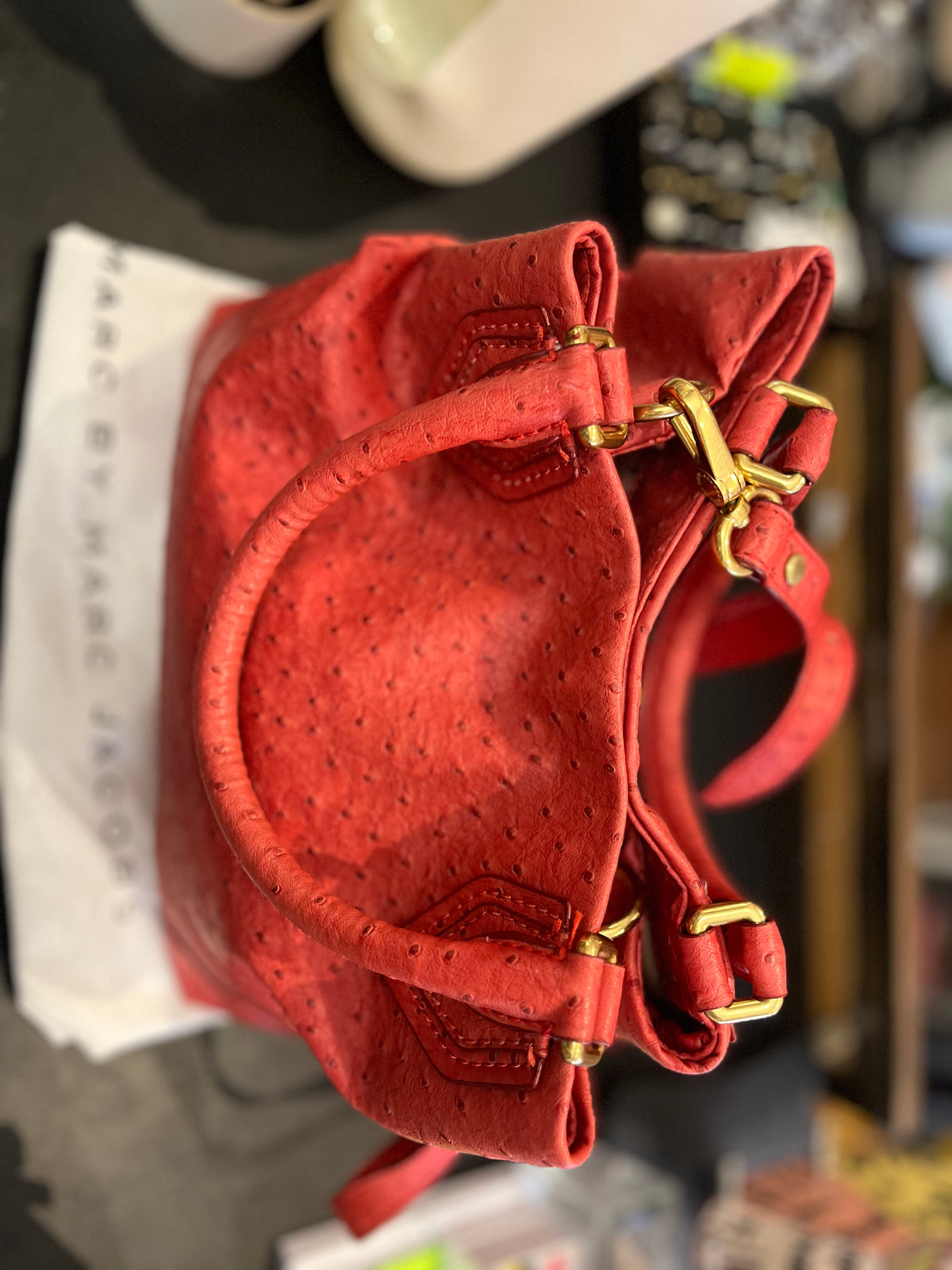 Marc Jacobs Red Strawberry Ostrich Medium Top Handle Crossbody Bag w Dust Bag!