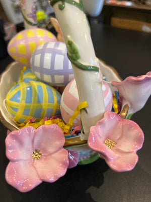 VTG AVON Easter Ceramic Basket with 3D Flowers and Bunny with 6 hand painted Egg Ornaments