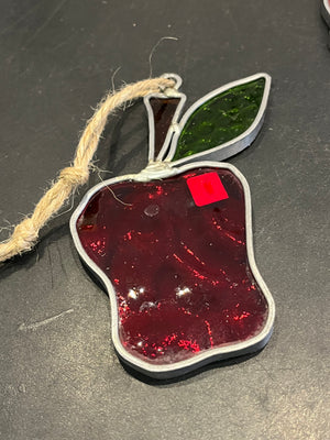VTG Red Apple w Stem and Leaf Stained Glass