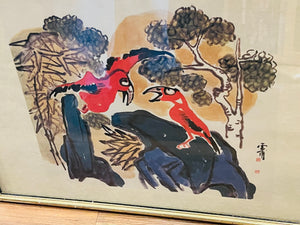 South Korean artist Kim Ki-chang (Unbo) "Flowers & Birds" 15.5” x 21.5” in gold frame