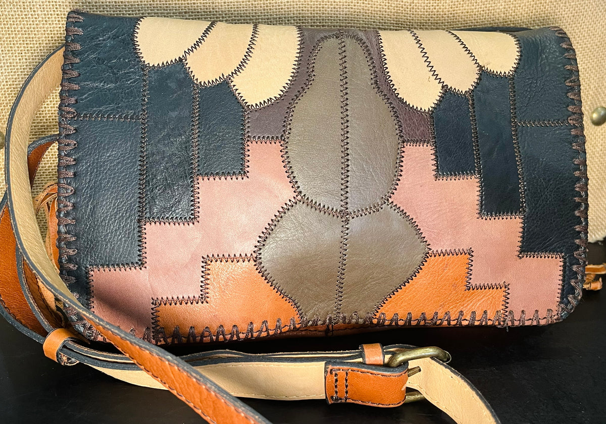 Patricia Nash Zig Zag Patchwork Brown Hobo Crossbody Leather Bag