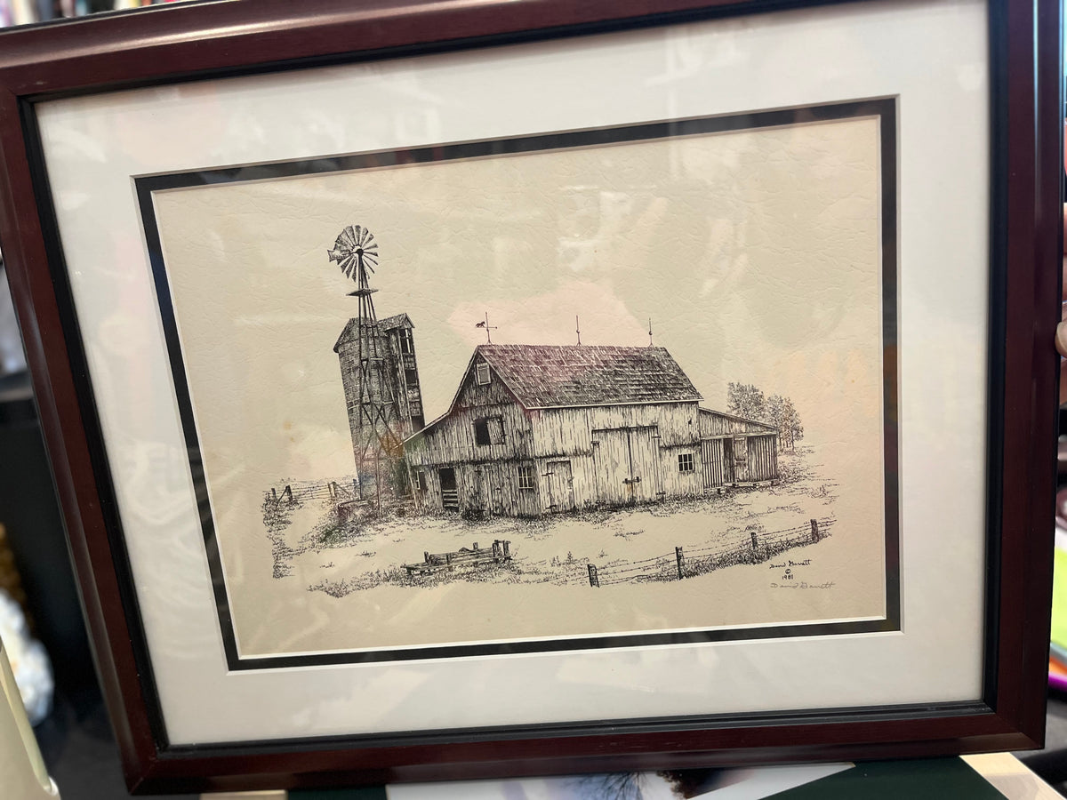 David Garrett Pen Ink Drawing Barn Windmill in Mahogany Frame 14”x15”