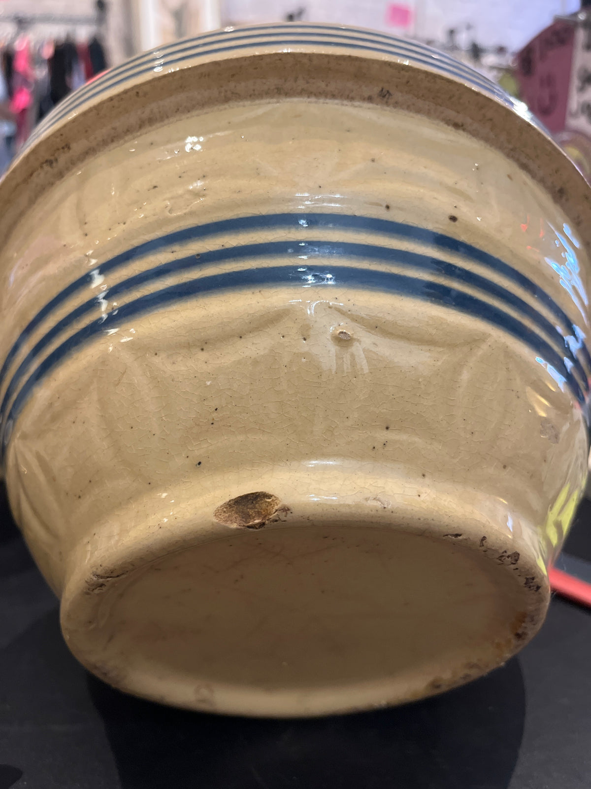 Yellow Ware 9” Pottery Mixing Bowl Six Blue Stripes Rings w Bottom Small Chip