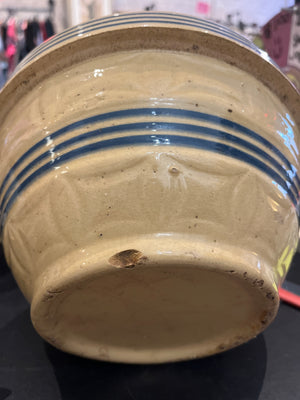 Yellow Ware 9” Pottery Mixing Bowl Six Blue Stripes Rings w Bottom Small Chip