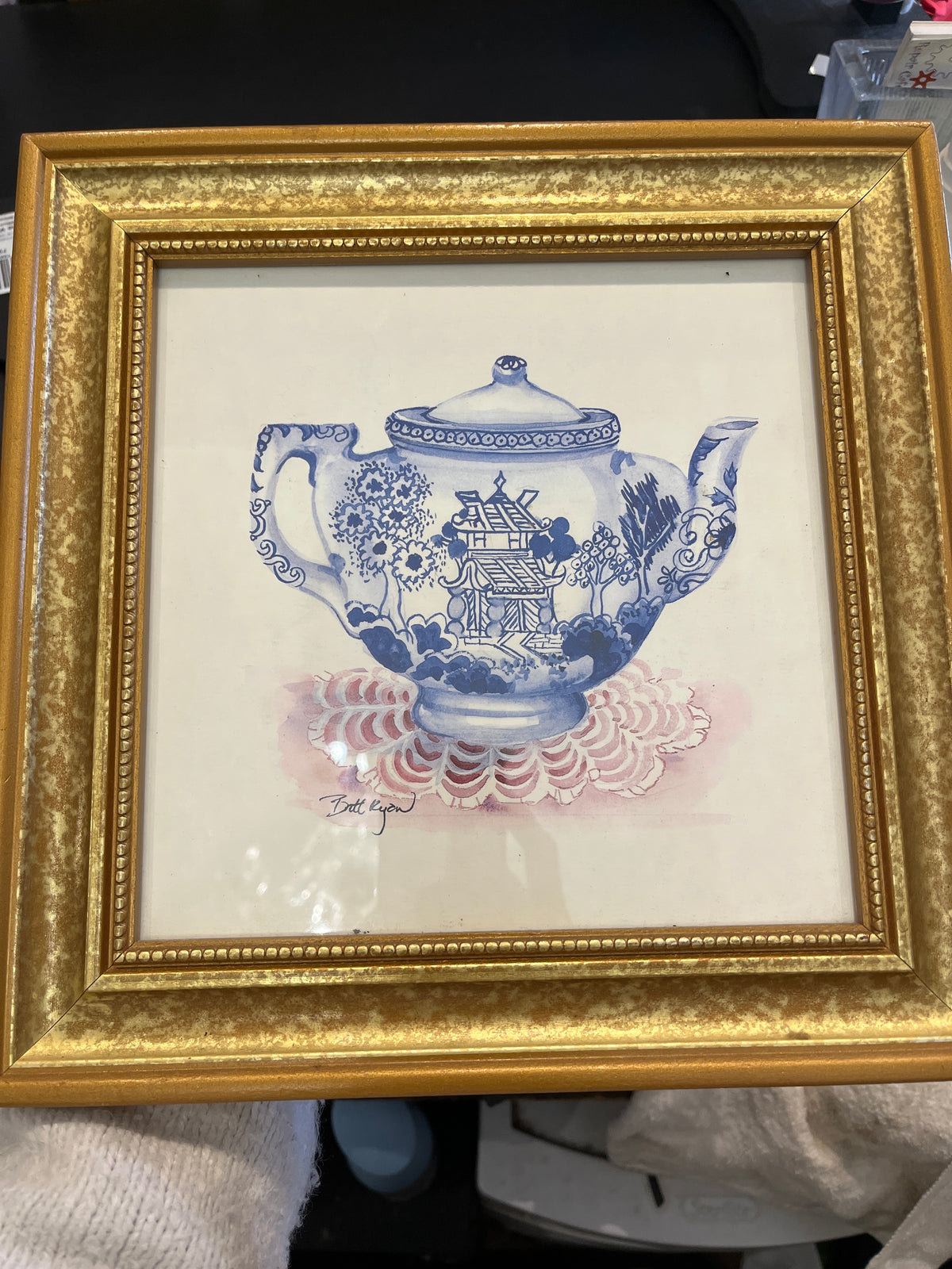 Wooden Gold Frame with Blue Teapot