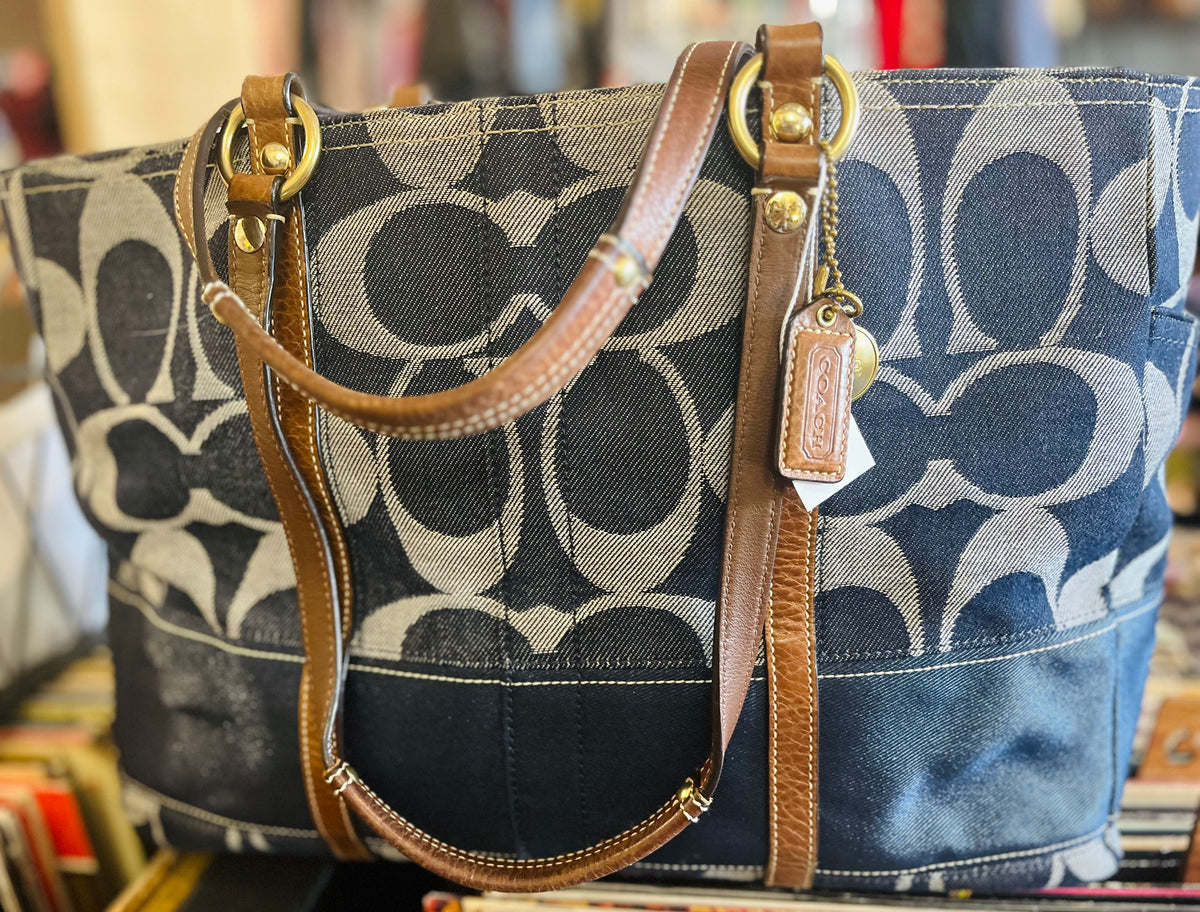 Authentic COACH Denim Striped Large Blue Excellent Used Condition!