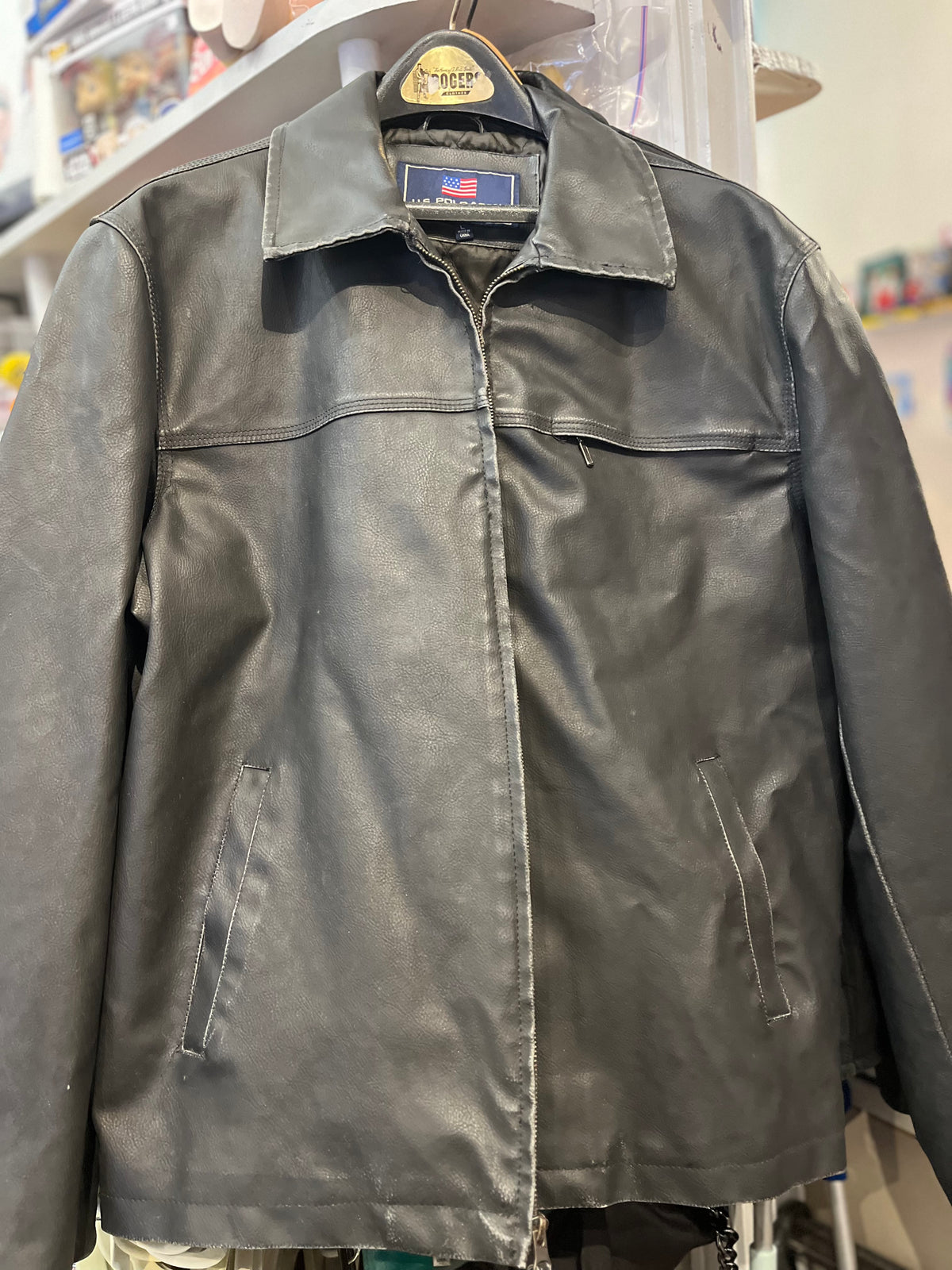 US Polo Assn. Black Faux Leather Zip Jacket 3 Outer Pockets SzL