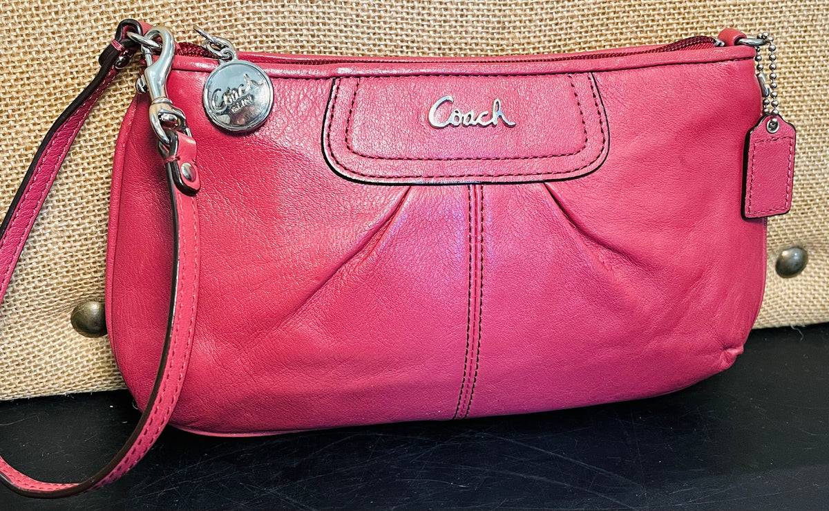 COACH Ashley 9” Leather Zipper Credit Card Wristlet Rose Pink GUC!
