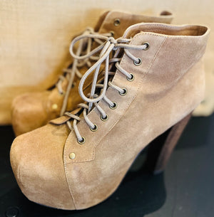 Jeffrey Campbell Lita Platform Tan Suede Upper 5” Heel Ankle Boots Size 9