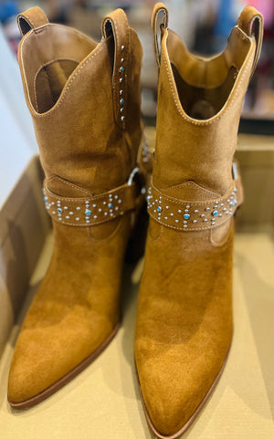 Jessica Simpson Koxia 2 Turquoise Stud Tan Western Pointed Toe Block Heel Boots sz 8M w Original Box