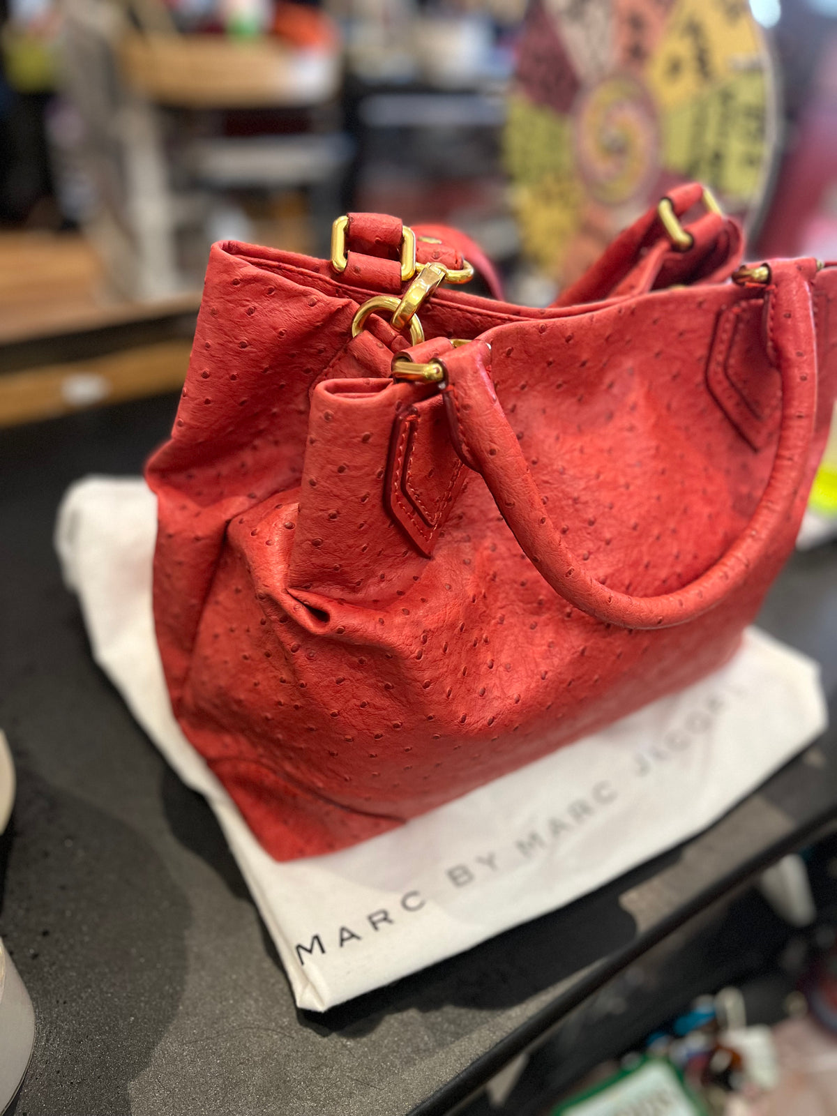 Marc Jacobs Red Strawberry Ostrich Medium Top Handle Crossbody Bag w Dust Bag!