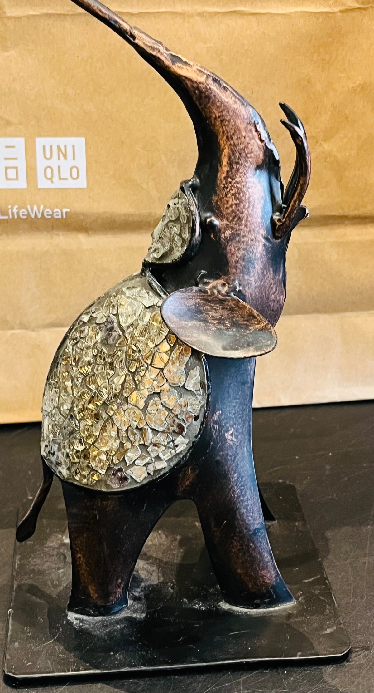 Metallic Crushed Glass Elephant Hanger Sculpture Style