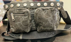 DESIGUAL Gray Denim Medium Embroidered Multi-Pocket Shoulder Handbag GREAT Condition!