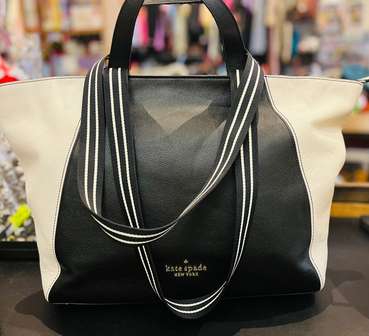 Kate Spade Rosie Color Block (B/W) Pebbled Leather Large 12”x20” Tote Satchel