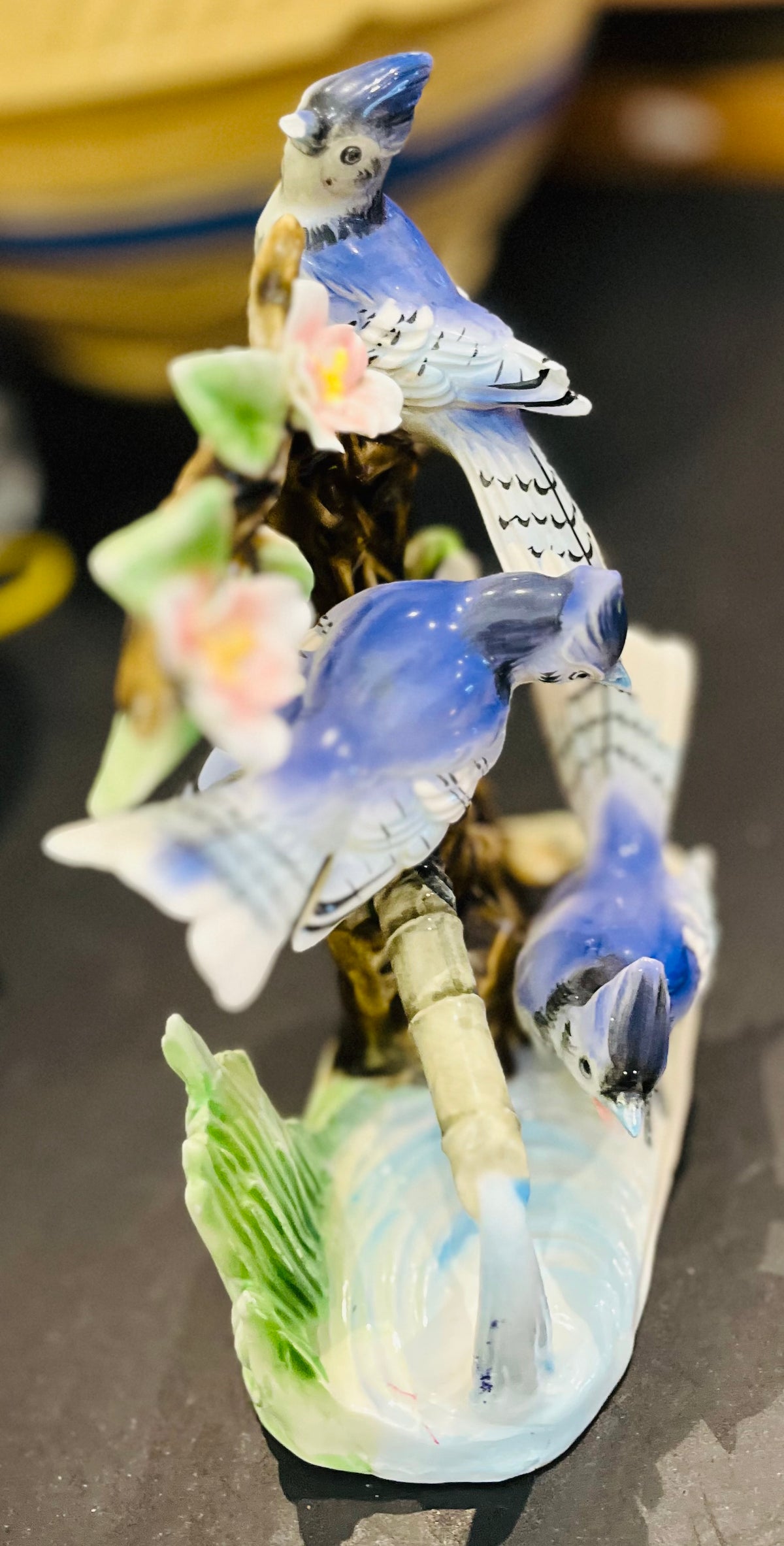 Japanese Blue Jays on Branches w Flowers 6.5”Hx5”W No Damage