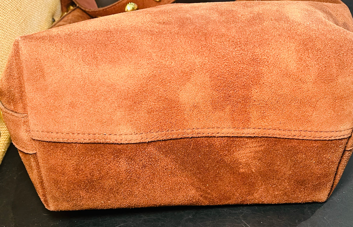 Madewell Suede Brown Bucket Bag Gold Grommets Large w Adjustable Strap