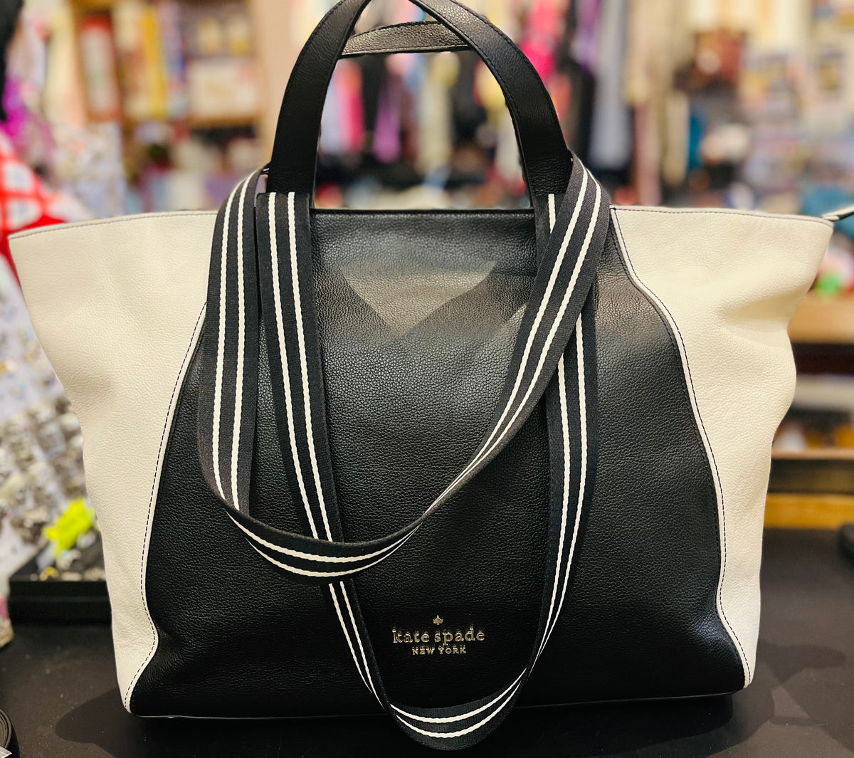 Kate Spade Rosie Color Block (B/W) Pebbled Leather Large 12”x20” Tote Satchel