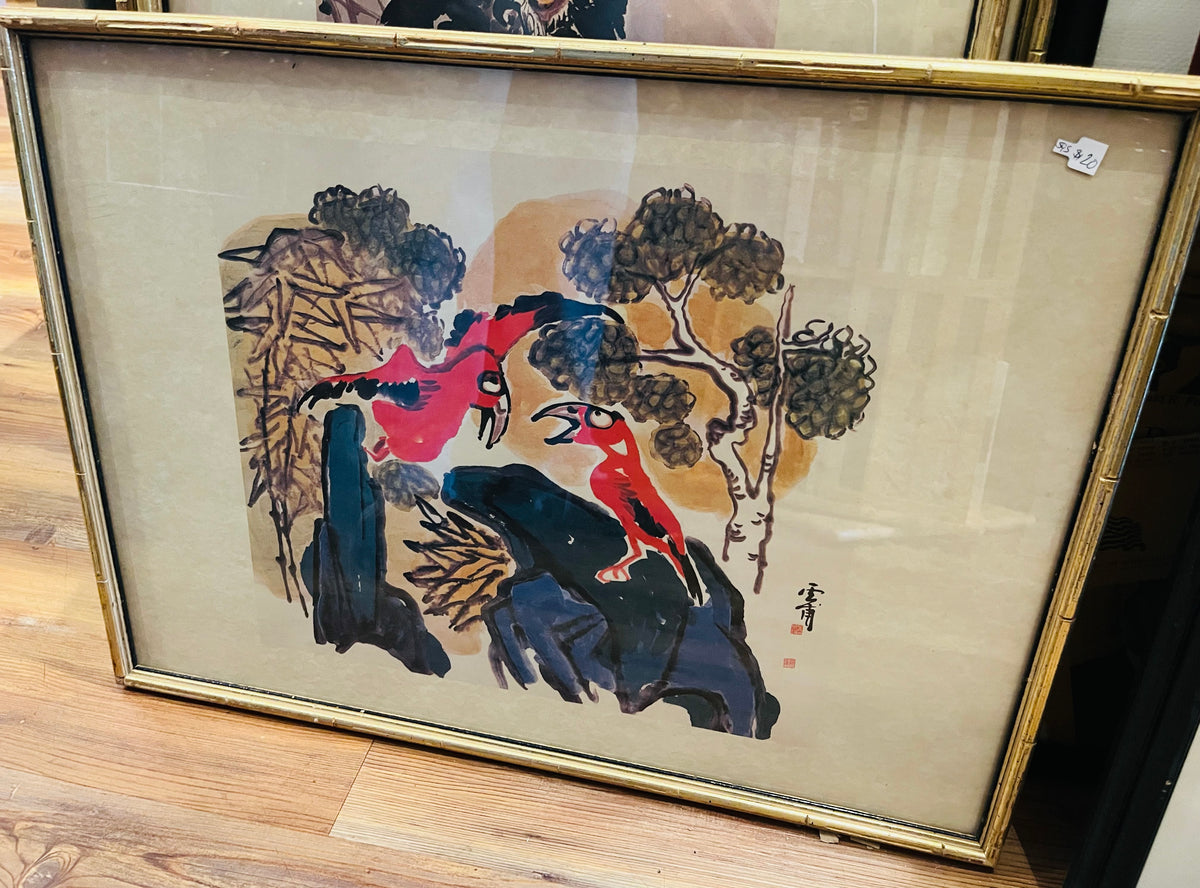 South Korean artist Kim Ki-chang (Unbo) "Flowers & Birds" 15.5” x 21.5” in gold frame