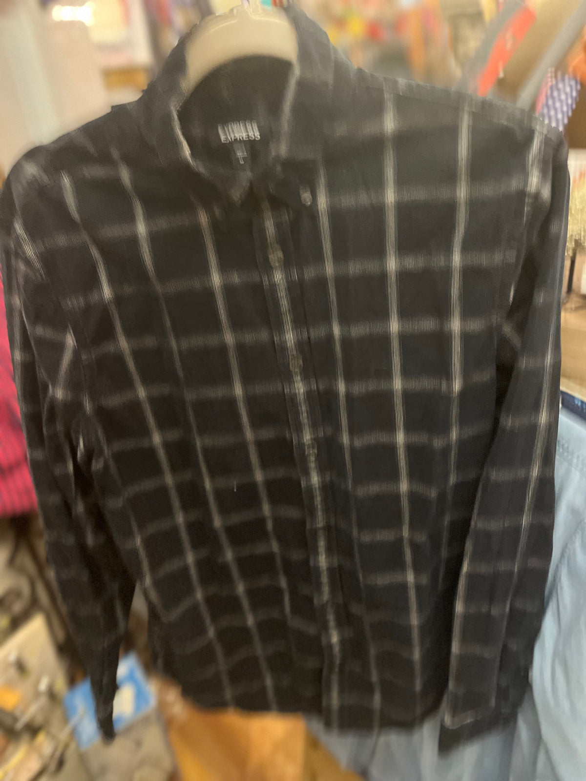 Express Used Blue Flannel Micro Cordoroy Button Up Collared Shirt