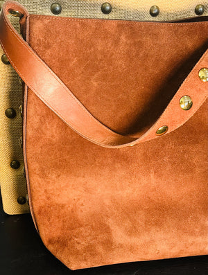 Madewell Suede Brown Bucket Bag Gold Grommets Large w Adjustable Strap