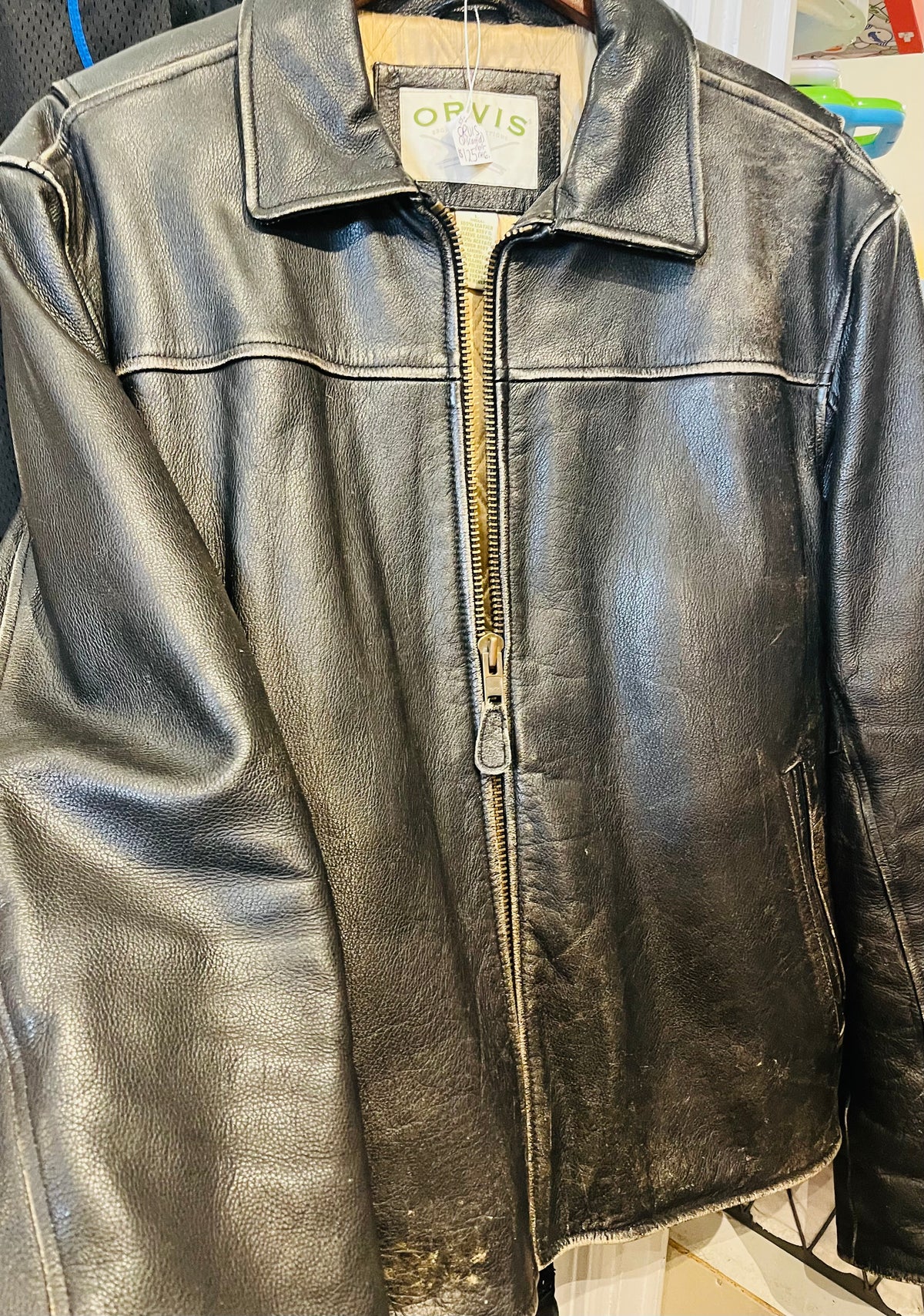 ORVIS (Discontinued) VTG Black Distressed Leather Lined Jacket Size L