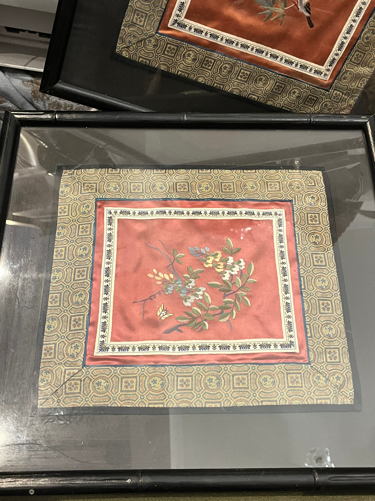 VTG Chinese Hand Embroidered Silk in Black Frame 16”x15”