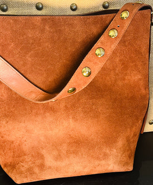 Madewell Suede Brown Bucket Bag Gold Grommets Large w Adjustable Strap