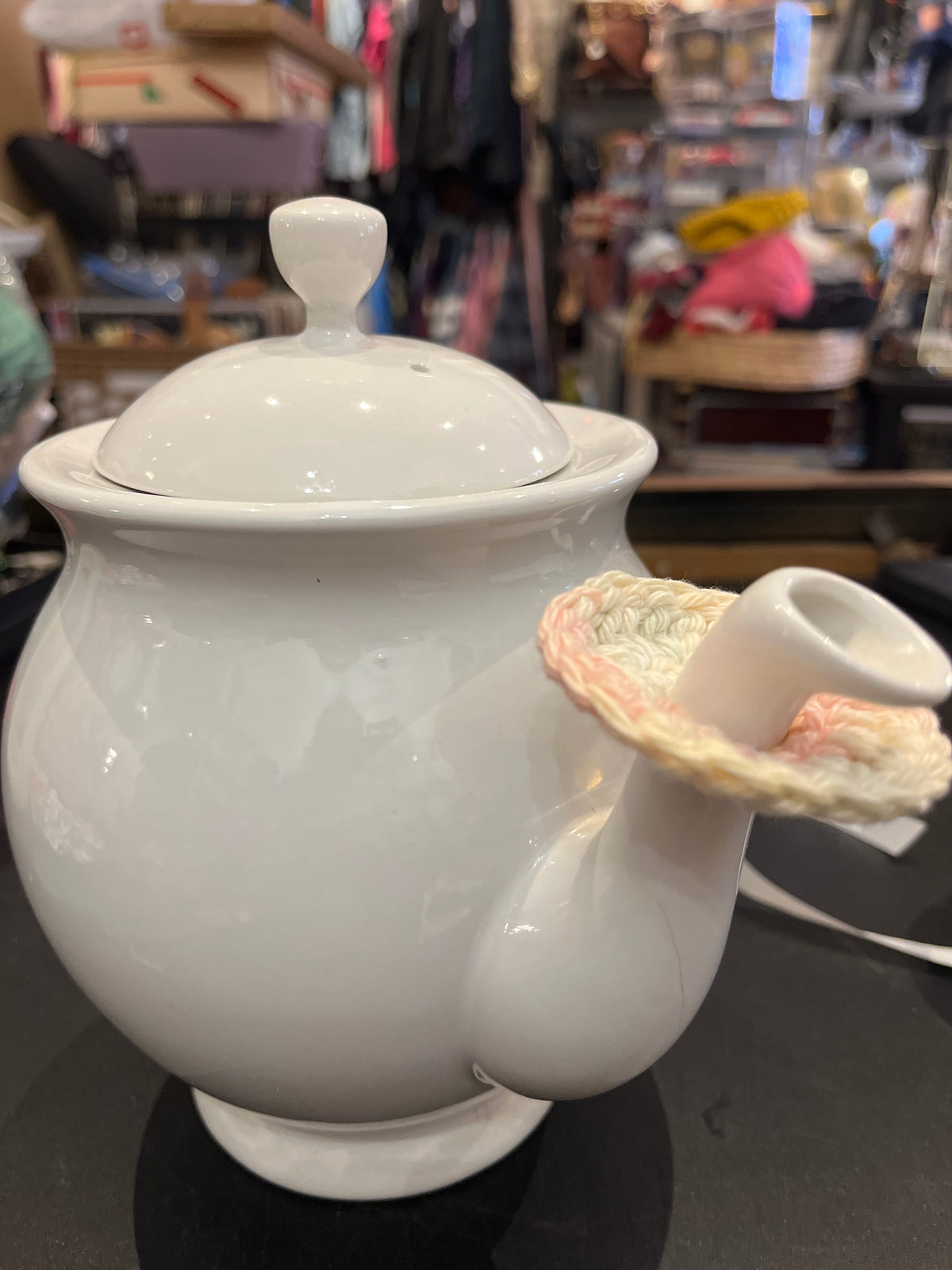 VTG White Nantucket Teapot with Crocheted Spout Decor